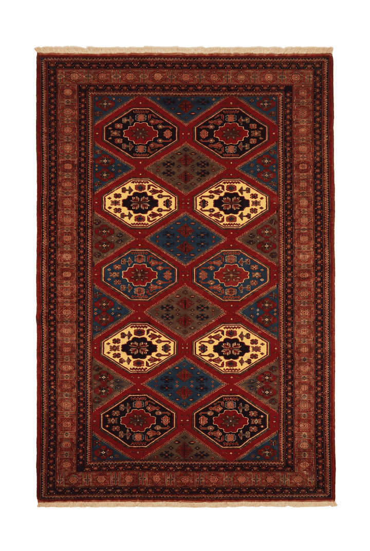 Burgundy and gold compartment Afghan Sherwan rug, 210×301cm, 4.5 tatami