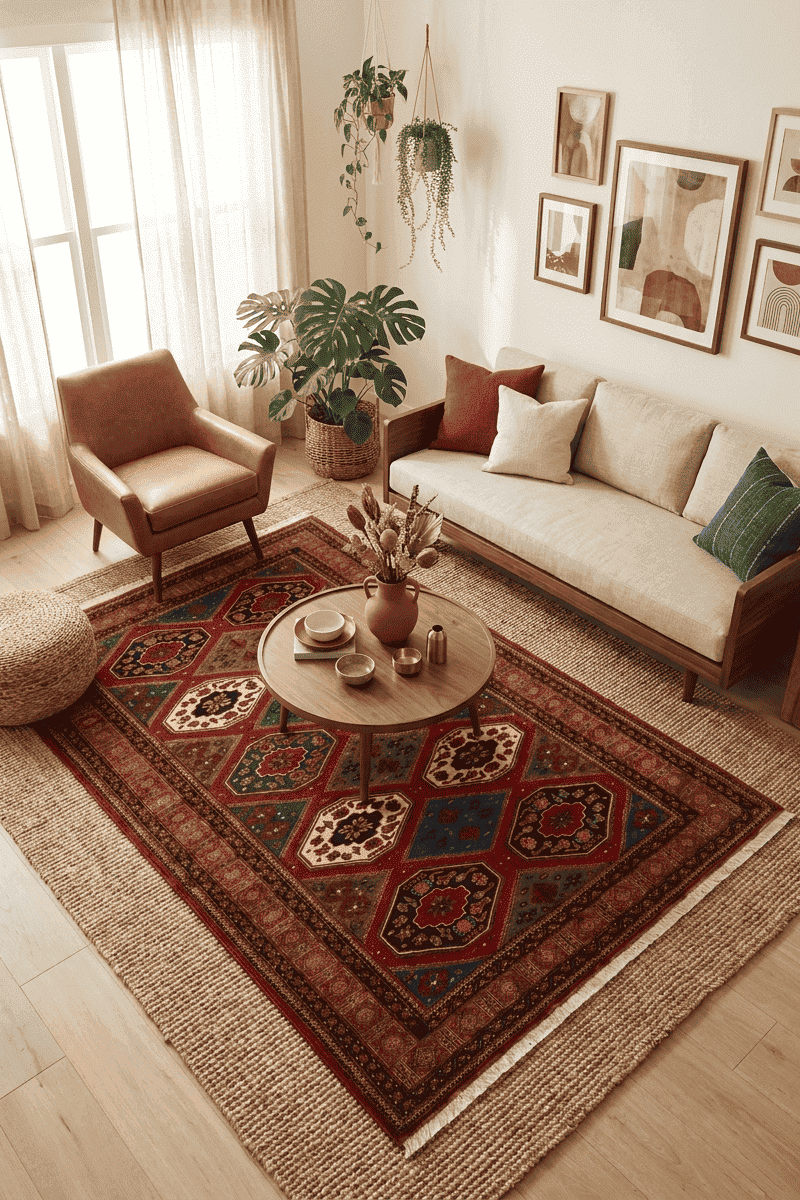 Compartment design in burgundy and gold on Afghan Sherwan rug