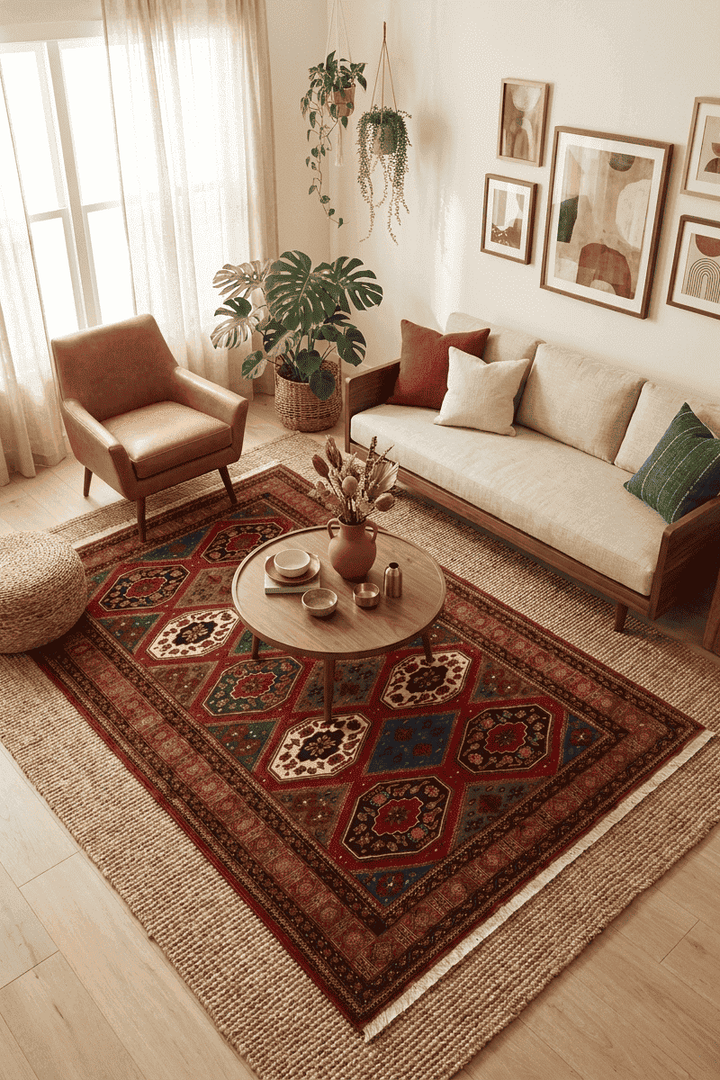 Compartment design in burgundy and gold on Afghan Sherwan rug