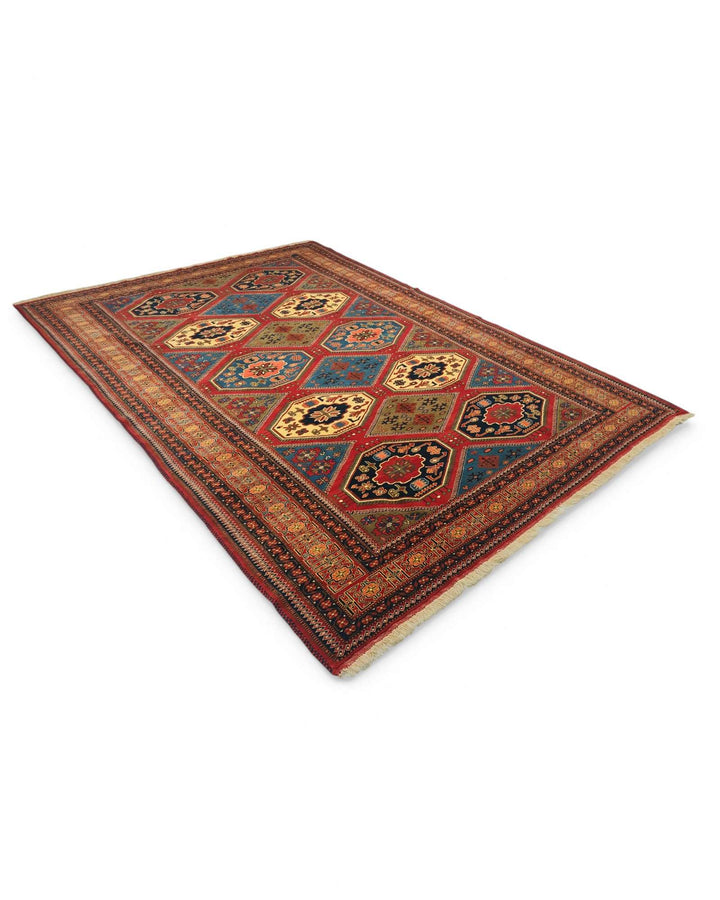 Hand-knotted burgundy Afghan Sherwan rug with gold compartments