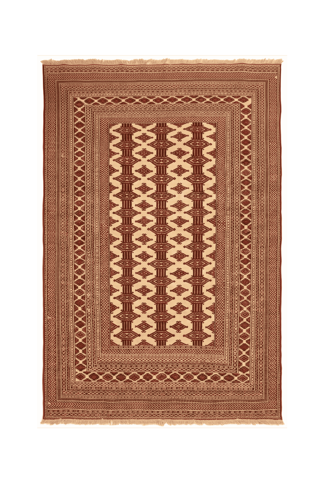 Ivory and red Turkmen tribal Afghan Sherwan rug, 127×187cm, 1.5 tatami