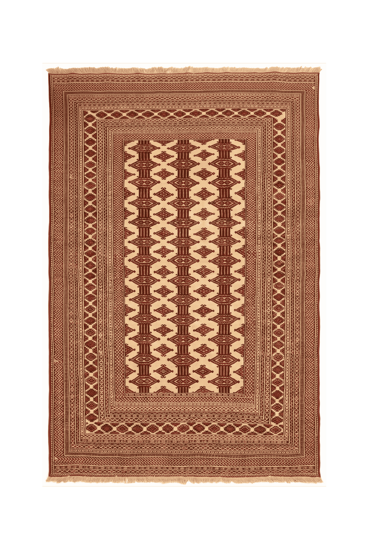 Ivory and red Turkmen tribal Afghan Sherwan rug, 127×187cm, 1.5 tatami