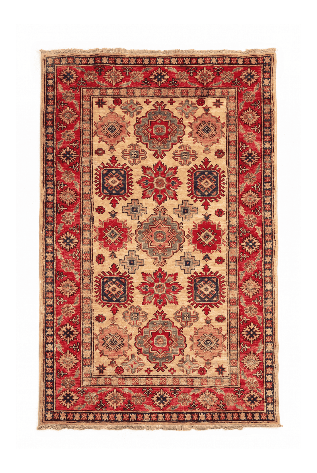 Gold and red sunburst medallion Afghan Sherwan rug, 125×192cm, 1.5 tatami