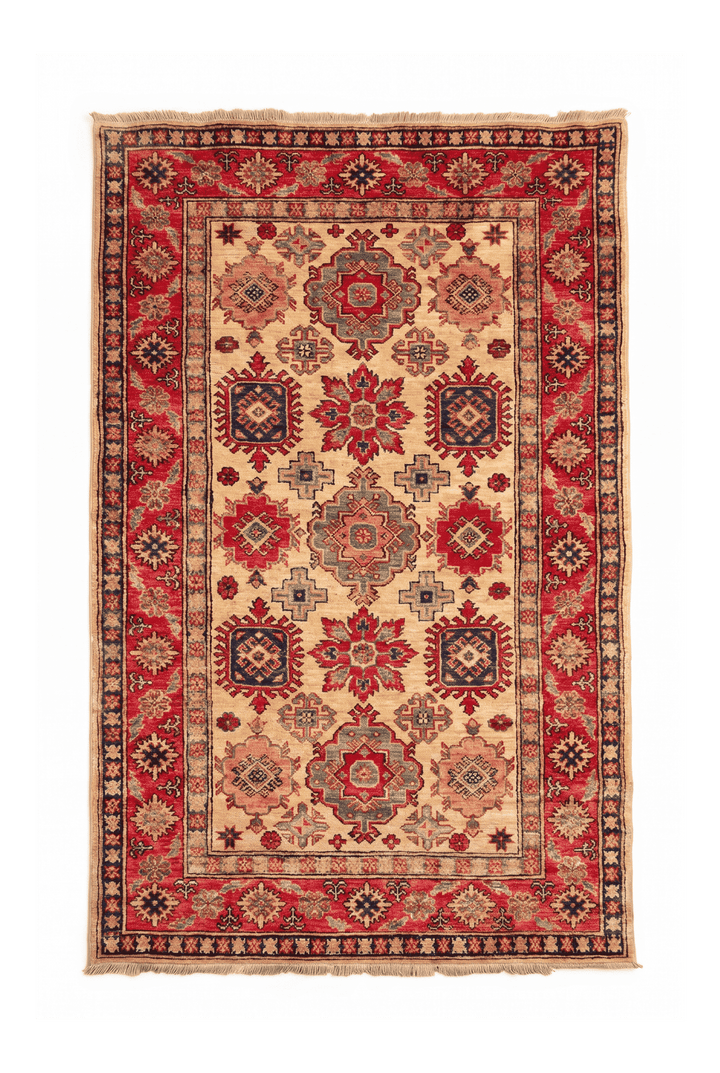Gold and red sunburst medallion Afghan Sherwan rug, 125×192cm, 1.5 tatami