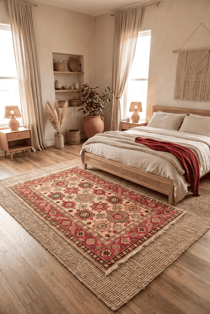 Border detail of gold and red sunburst hand-knotted Afghan rug