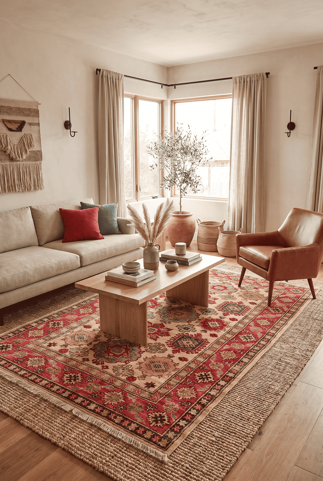 Hand-knotted wool pile of gold red sunburst rug, 125×192cm