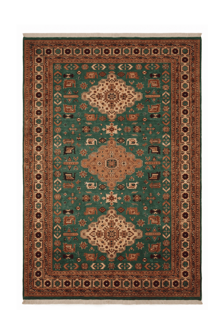 Green tribal medallion Afghan Sherwan rug, 210×271cm, about 3 tatami