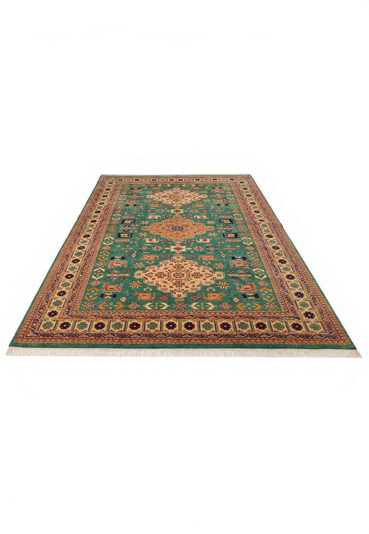 One-of-a-kind green tribal medallion Afghan Sherwan rug