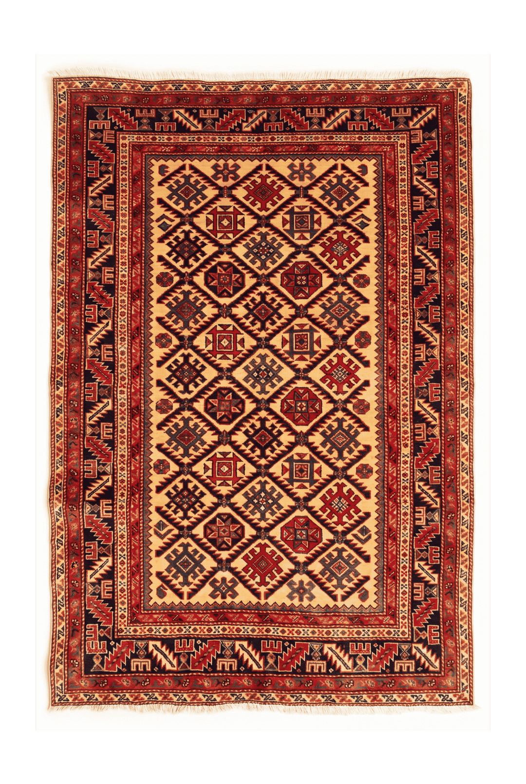 Gold and red Shirvan lattice Afghan Sherwan rug, 124×145cm, accent size