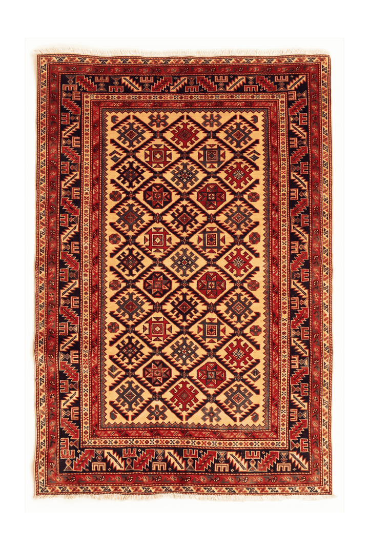 Gold and red Shirvan lattice Afghan Sherwan rug, 124×145cm, accent size