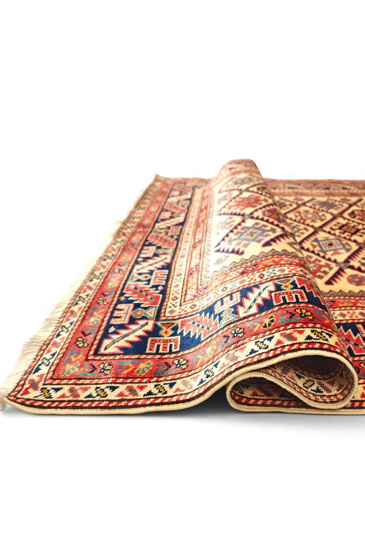 Hand-knotted gold Afghan Sherwan rug with Shirvan lattice