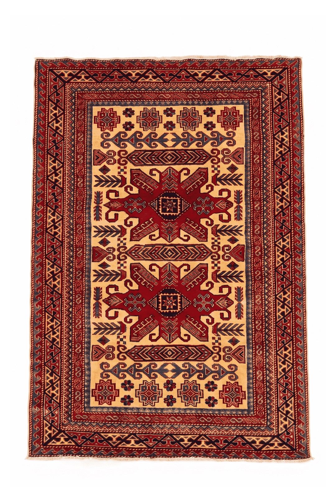 Gold and red tribal star Afghan Sherwan rug, 126×148cm, accent size