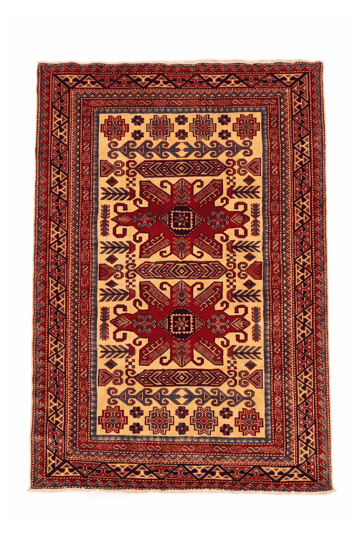 Gold and red tribal star Afghan Sherwan rug, 126×148cm, accent size