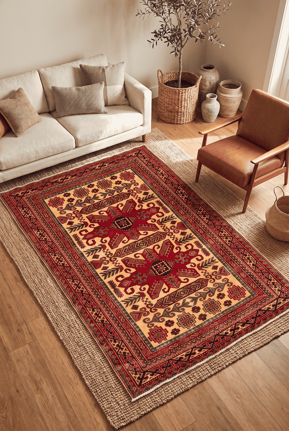 Tribal star motifs in gold and red on Afghan Sherwan rug