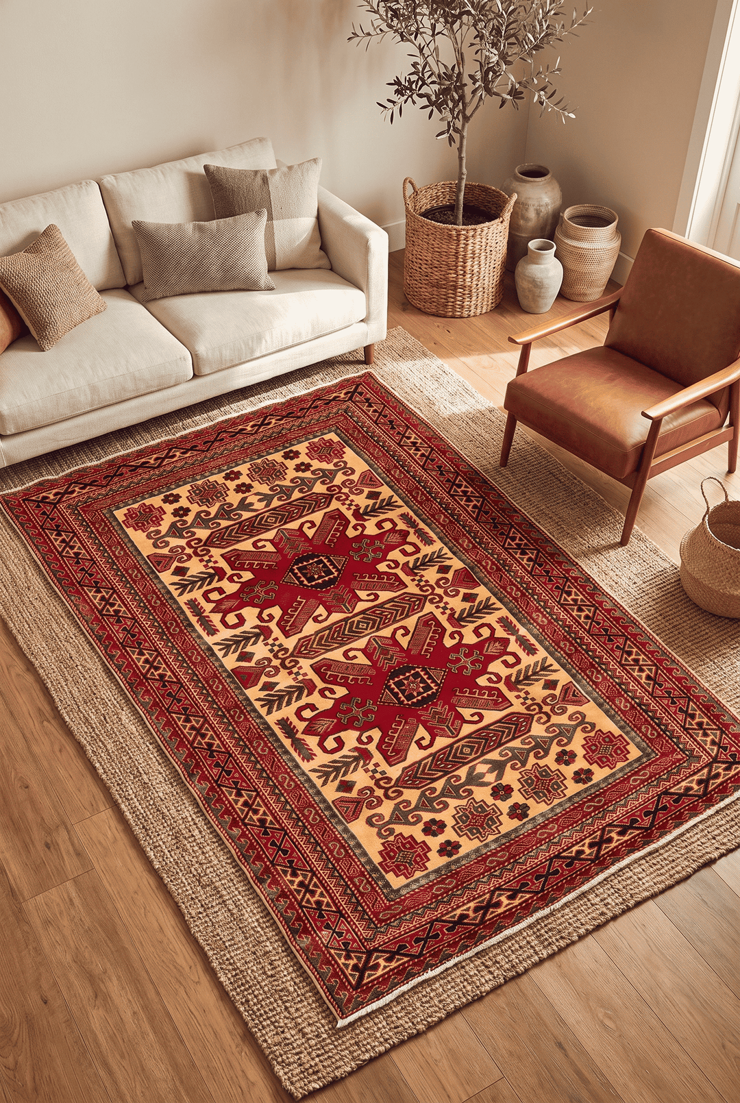 Tribal star motifs in gold and red on Afghan Sherwan rug
