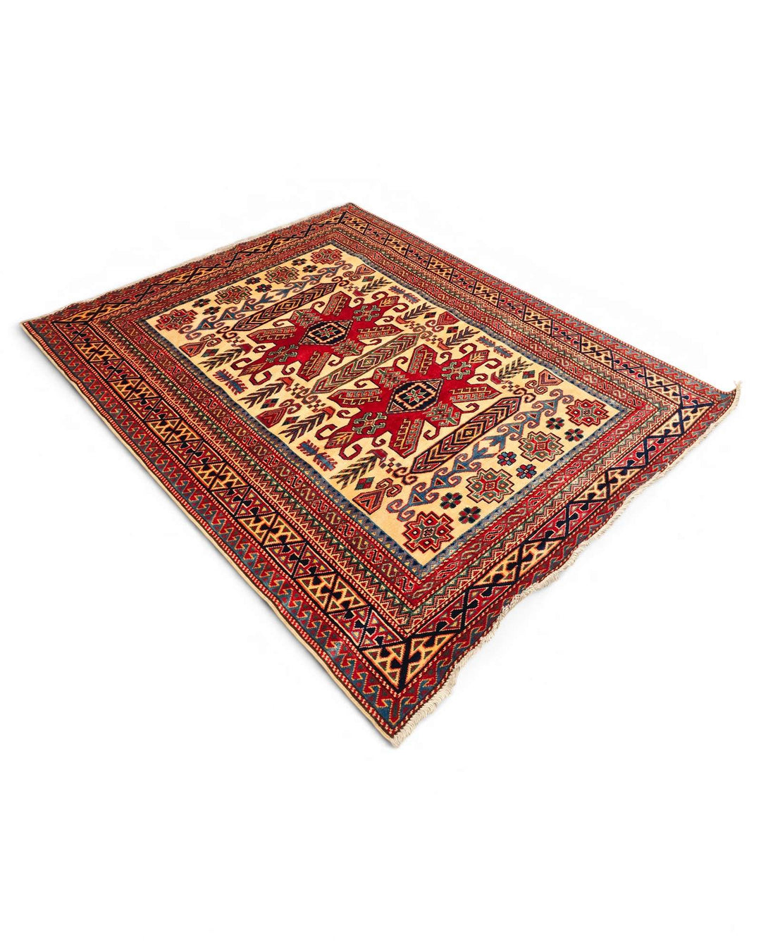 One-of-a-kind gold and red tribal star Afghan Sherwan rug