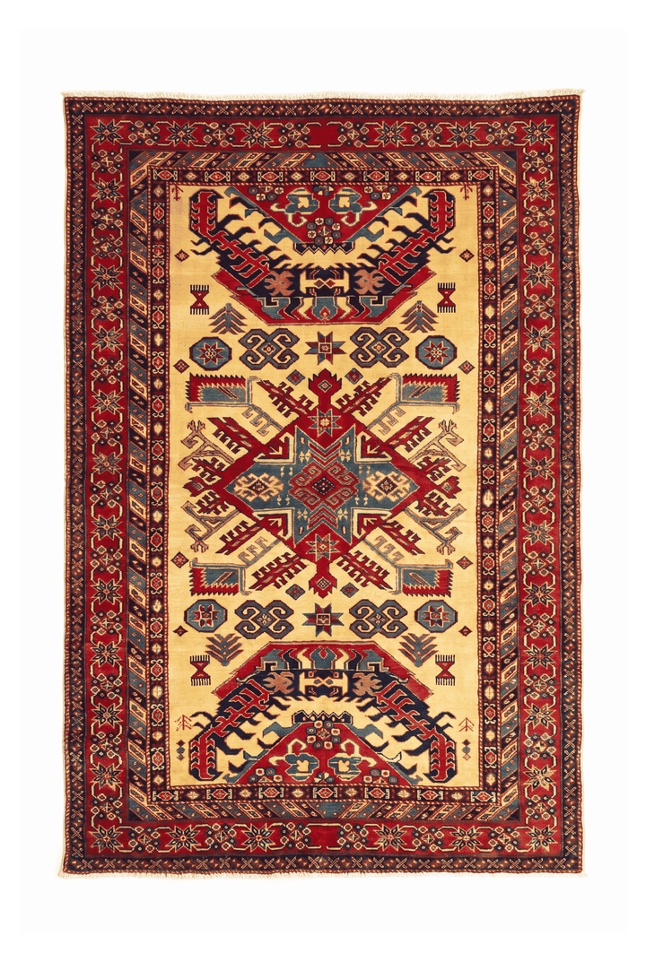 Ivory and red sunburst medallion Afghan Sherwan rug, 124×157cm, accent size