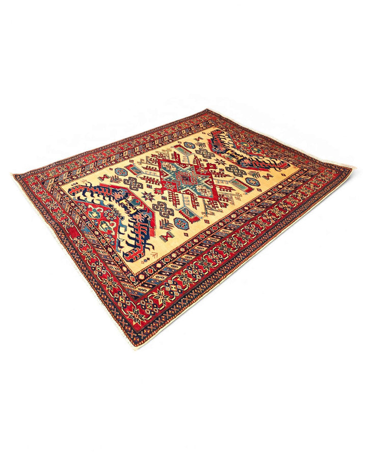 Ivory and red sunburst medallion rug, Afghanistan craftsmanship