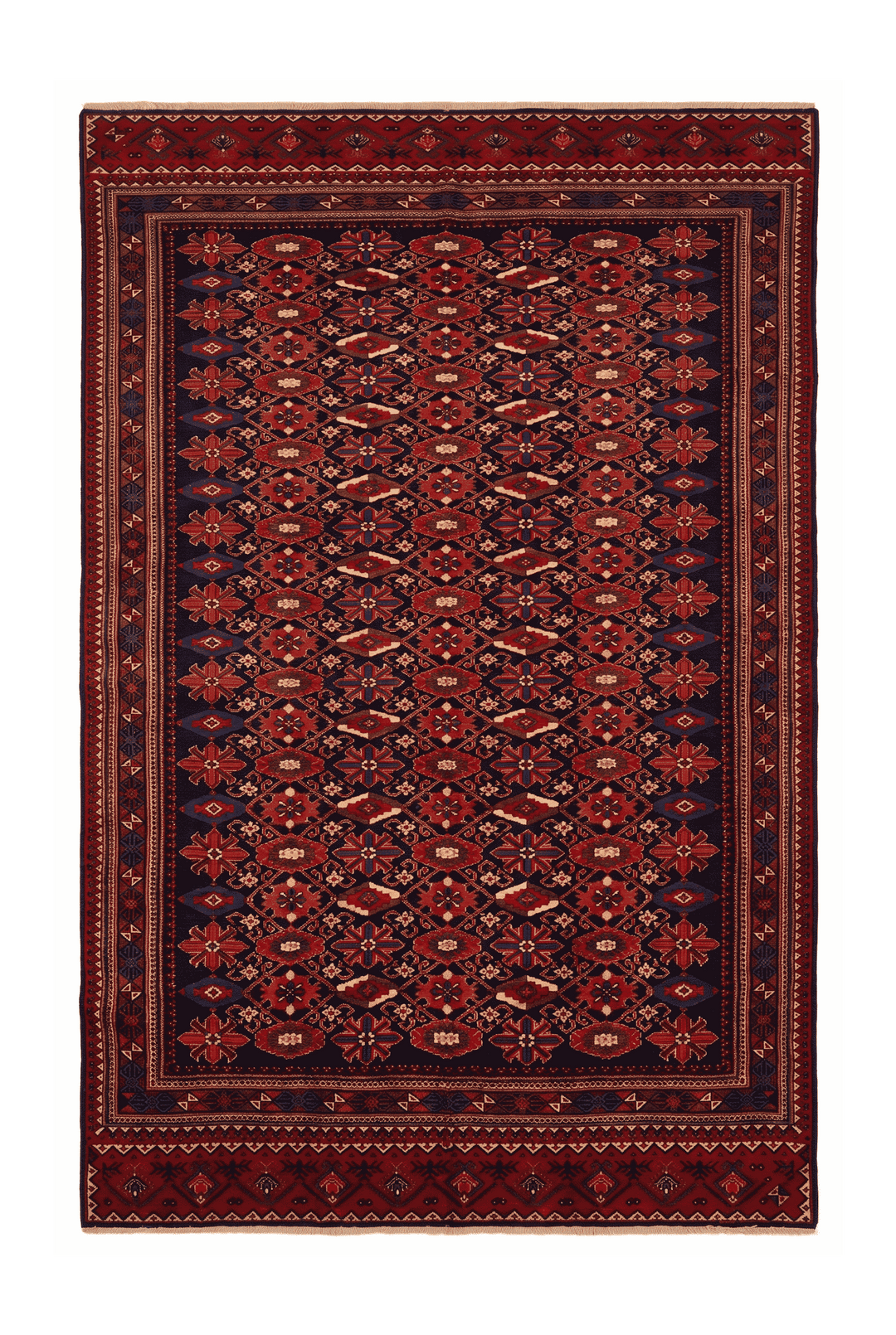 Indigo and red all-over floral Afghan Sherwan rug, 209×292cm, 4.5 tatami