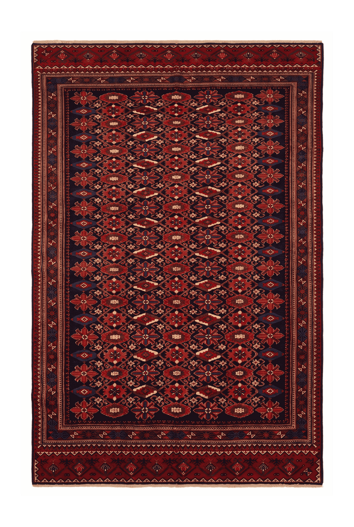 Indigo and red all-over floral Afghan Sherwan rug, 209×292cm, 4.5 tatami