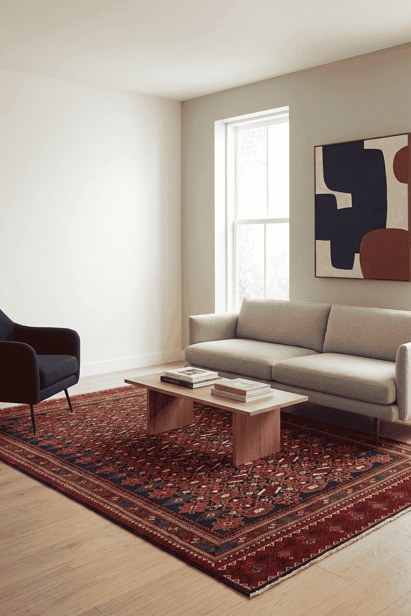 All-over floral design in indigo and red on Afghan Sherwan rug