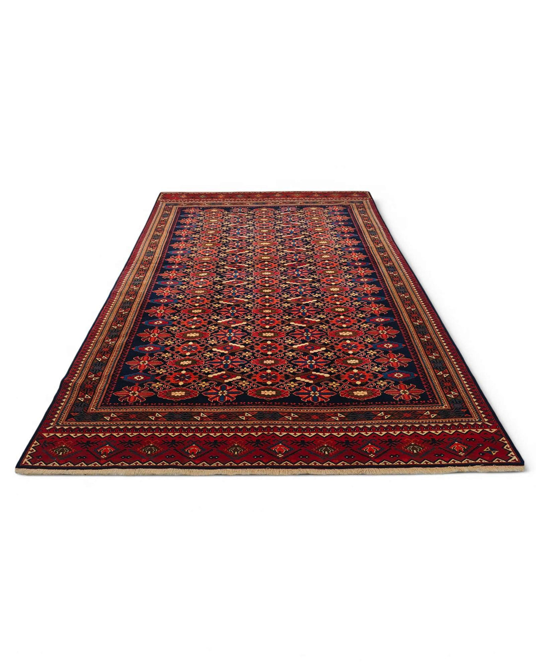 Indigo and red floral rug for a large living room, 4.5 tatami