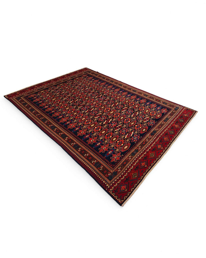 One-of-a-kind indigo and red all-over floral Afghan rug