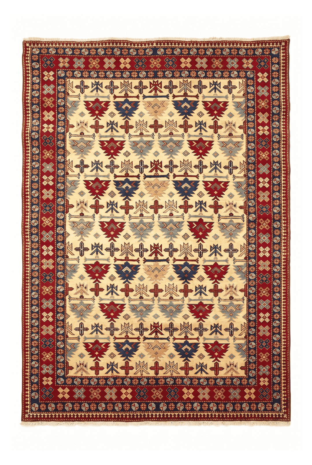 Ivory Caucasian tribal Afghan Sherwan rug, 151×196cm, about 2 tatami