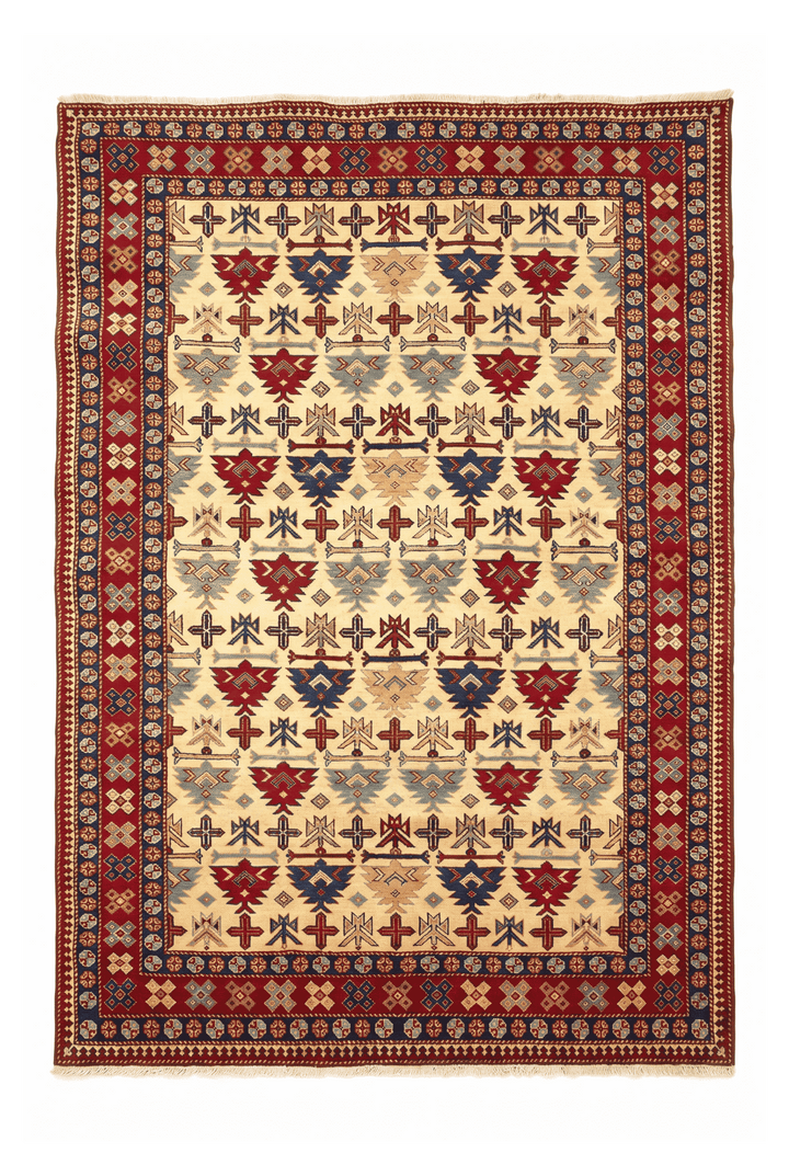 Ivory Caucasian tribal Afghan Sherwan rug, 151×196cm, about 2 tatami