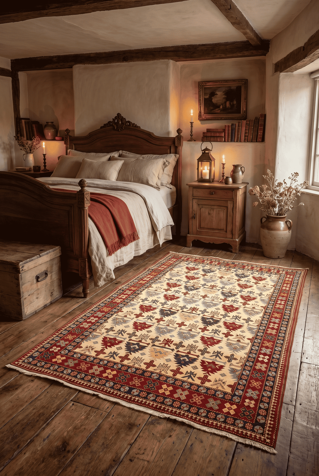 Border detail of ivory Caucasian hand-knotted Afghan rug