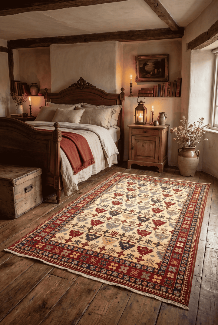 Border detail of ivory Caucasian hand-knotted Afghan rug