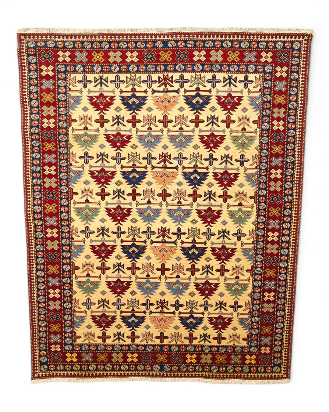 Hand-knotted ivory Afghan Sherwan rug with Caucasian motifs