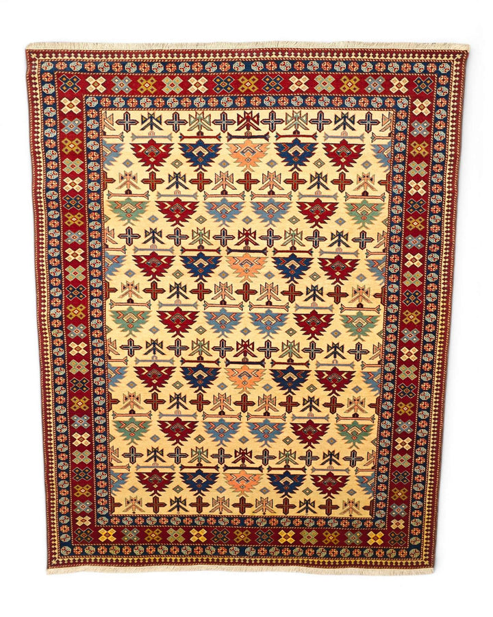Hand-knotted ivory Afghan Sherwan rug with Caucasian motifs