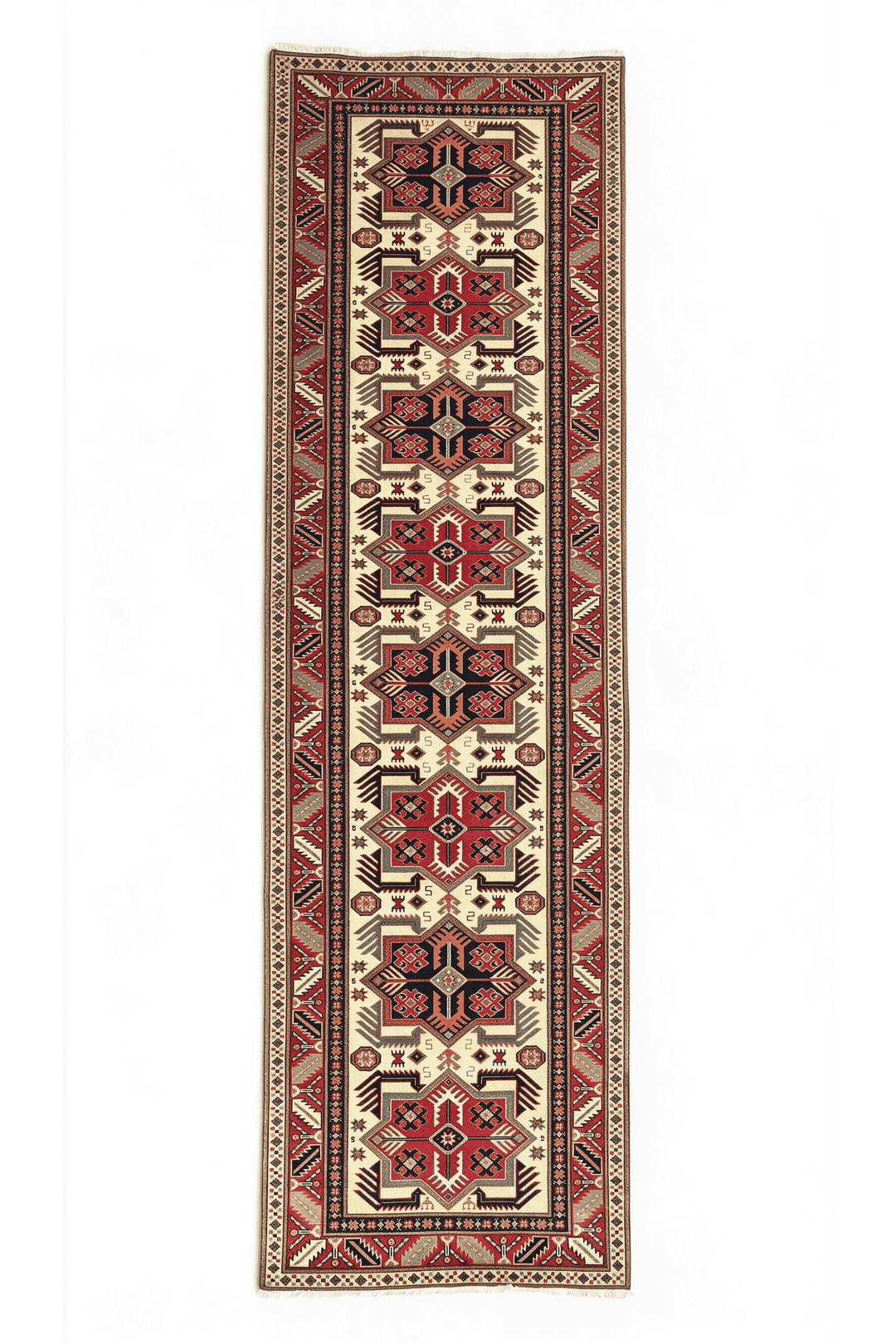 Ivory and red hooked star medallion Afghan Sherwan runner, 84×304cm