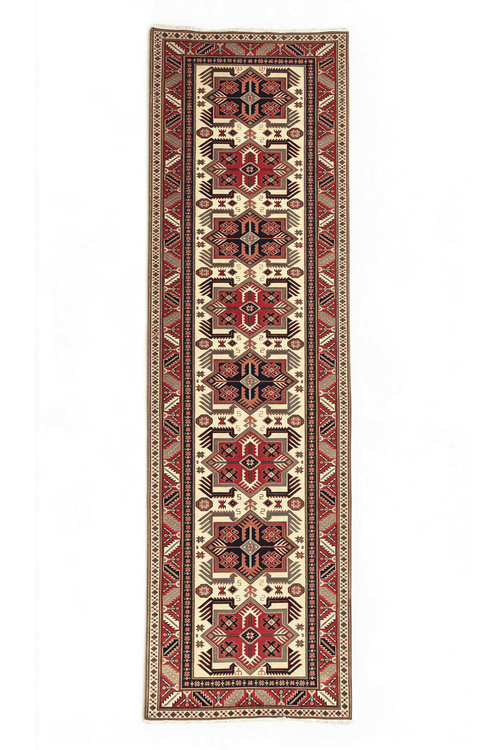 Ivory and red hooked star medallion Afghan Sherwan runner, 84×304cm
