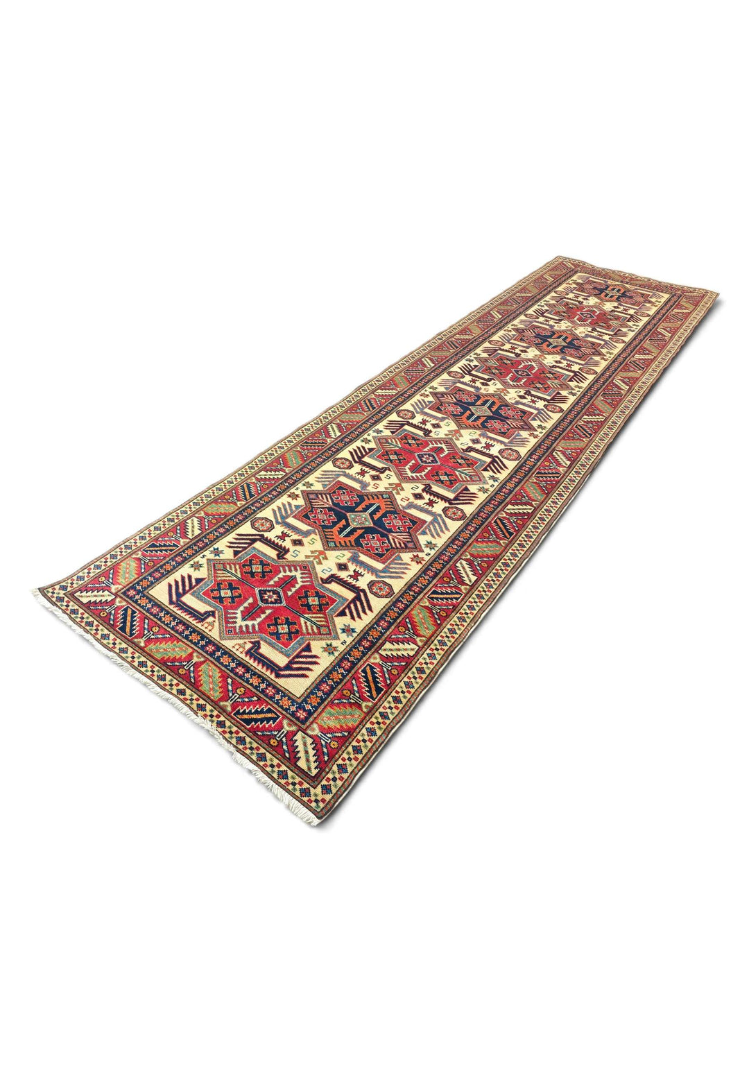 Hand-knotted wool pile of ivory red Afghan runner, 84×304cm