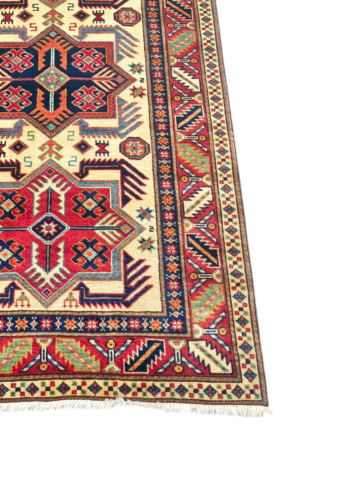 Fringe of ivory and red star medallion Afghan runner