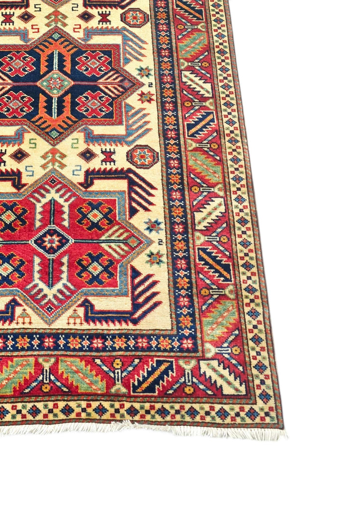 Fringe of ivory and red star medallion Afghan runner