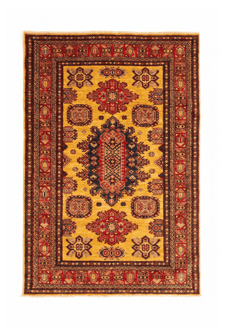 Marigold yellow tribal medallion Afghan Sherwan rug, 121×180cm, 1.5 tatami