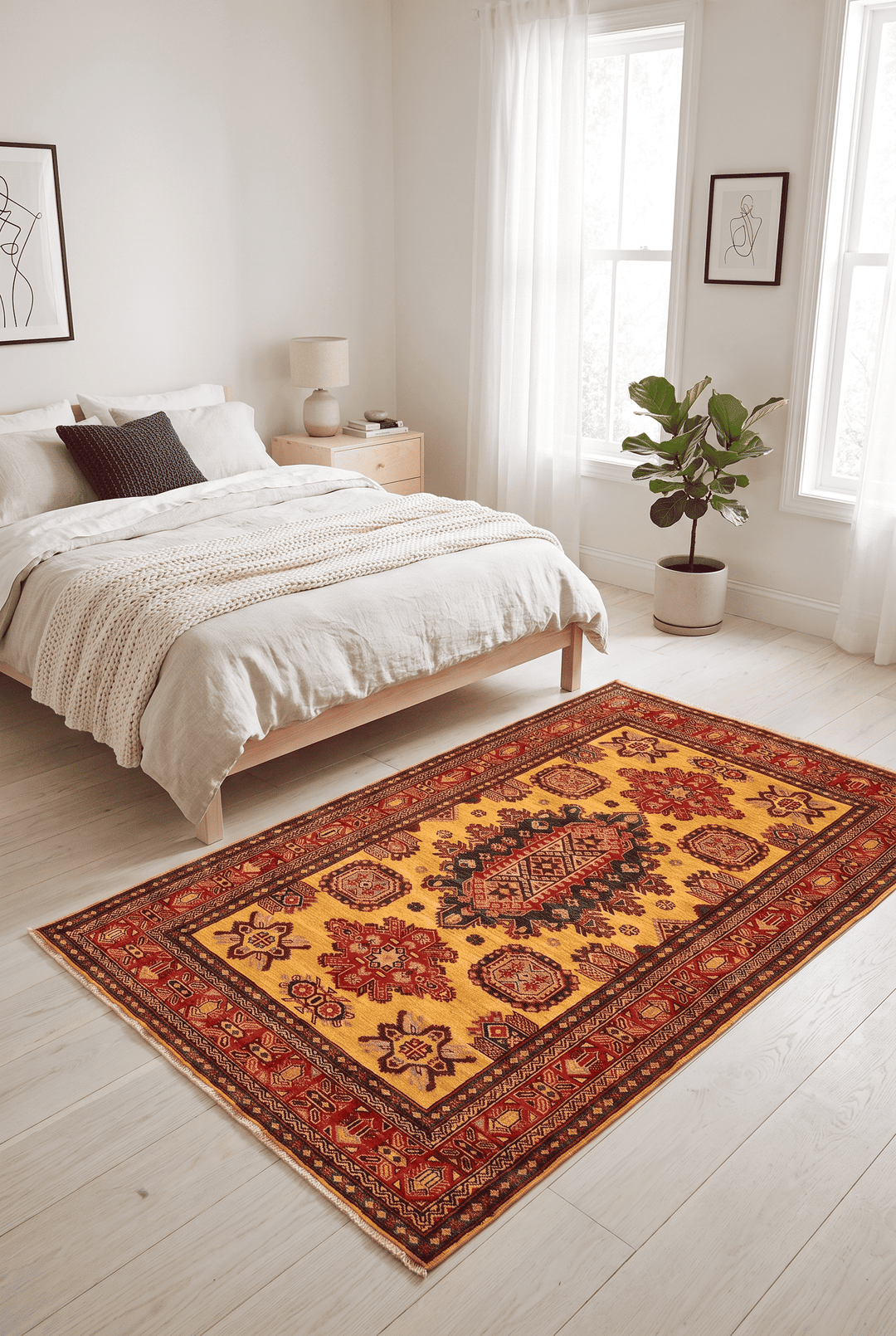 Tribal medallion detail in marigold yellow on Afghan Sherwan rug