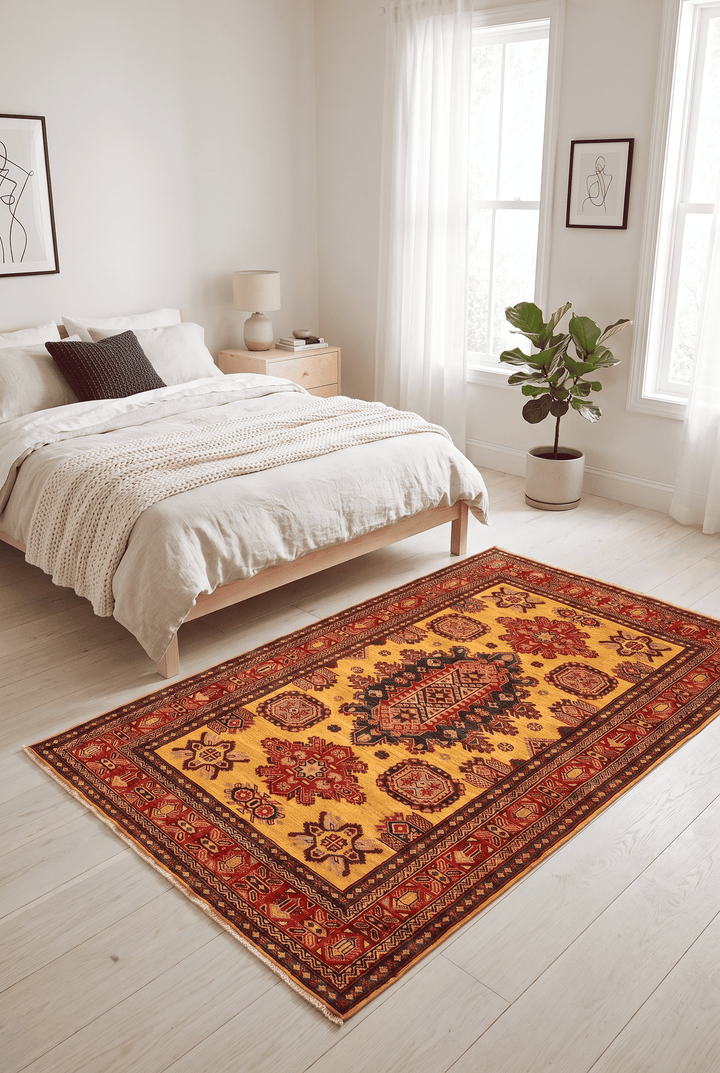Tribal medallion detail in marigold yellow on Afghan Sherwan rug