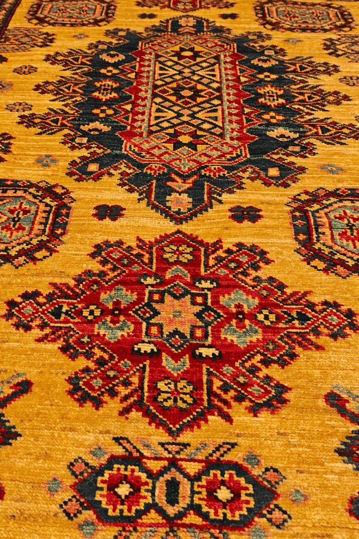 Hand-knotted wool pile of marigold tribal rug, 121×180cm