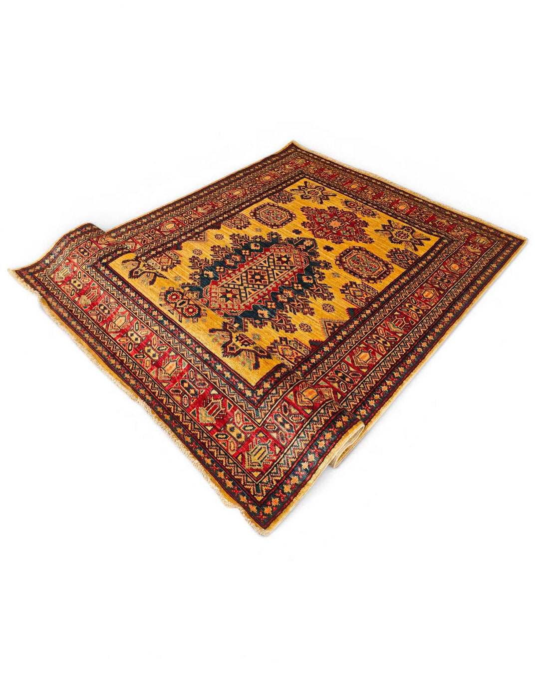 Hand-knotted marigold Afghan Sherwan rug with tribal medallion