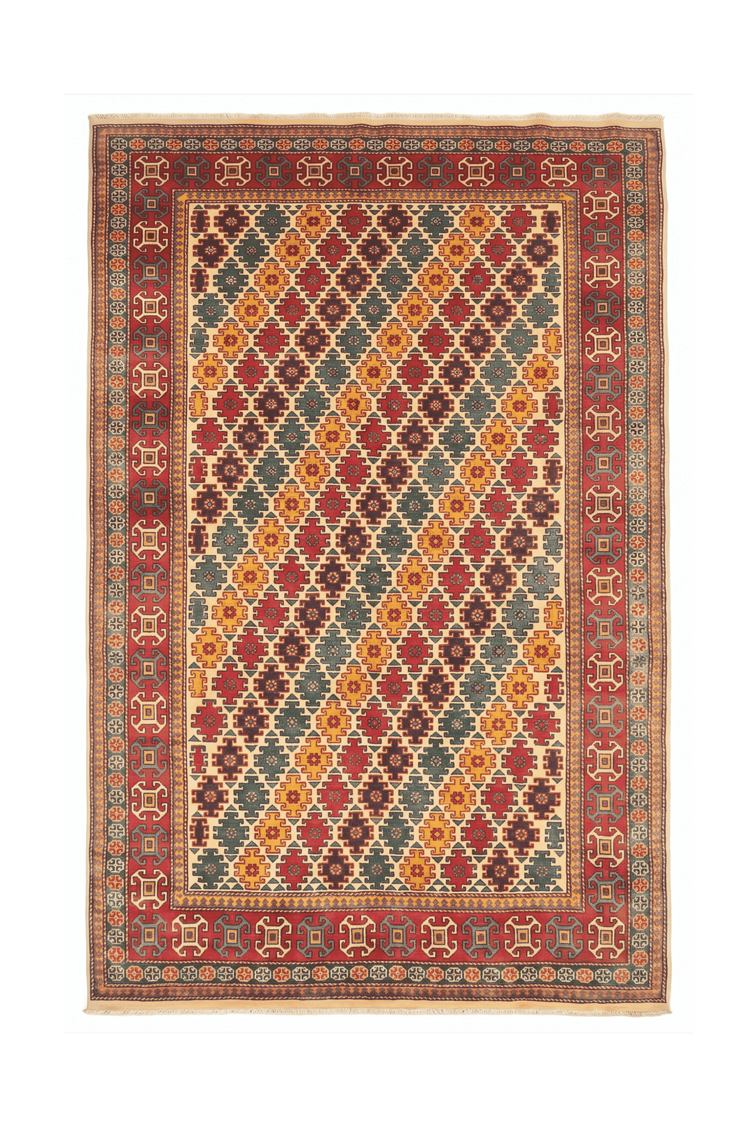 Multicolour diamond lattice Afghan Sherwan rug, 161×221cm, 2 tatami