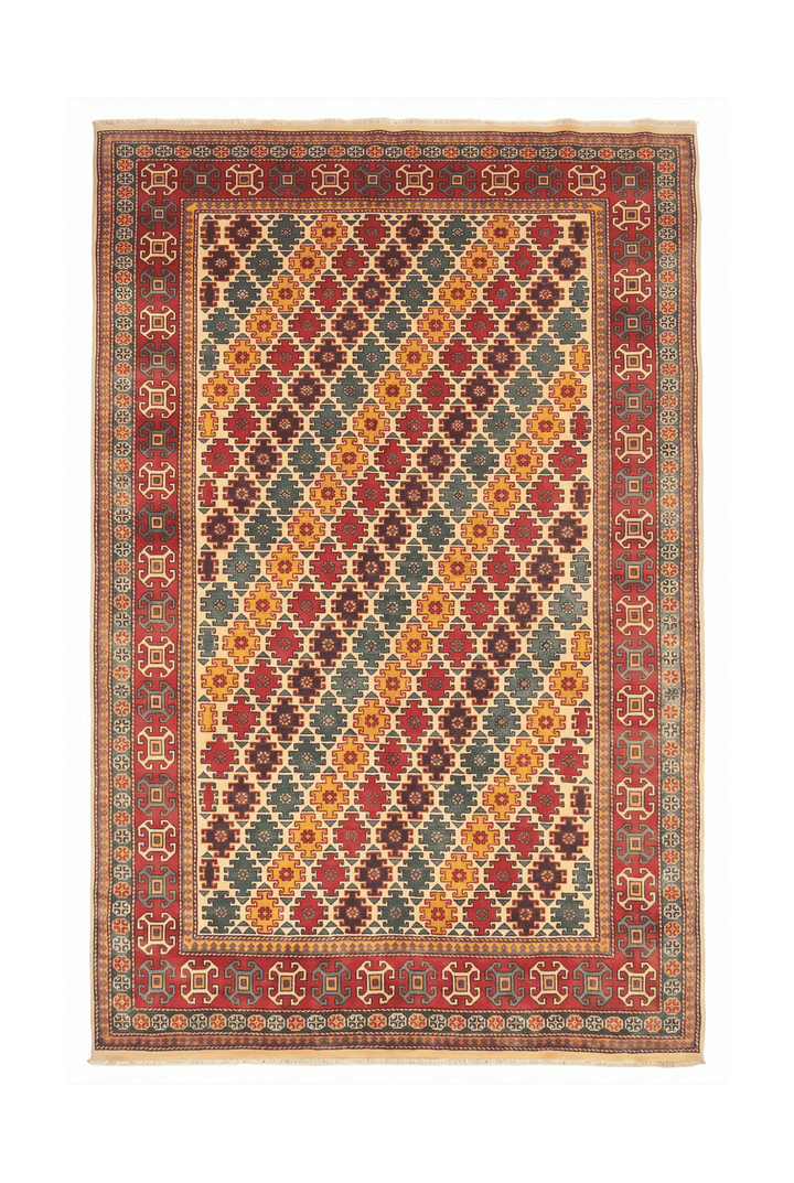 Multicolour diamond lattice Afghan Sherwan rug, 161×221cm, 2 tatami