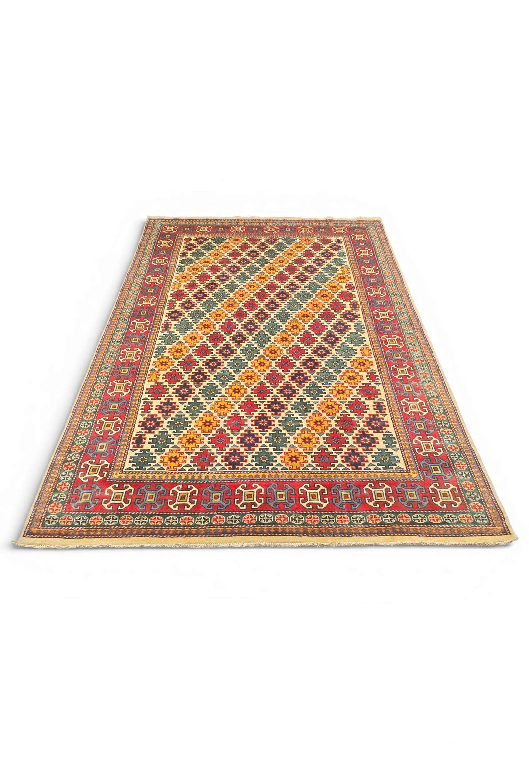 Hand-knotted wool pile of multicolour lattice rug, 161×221cm