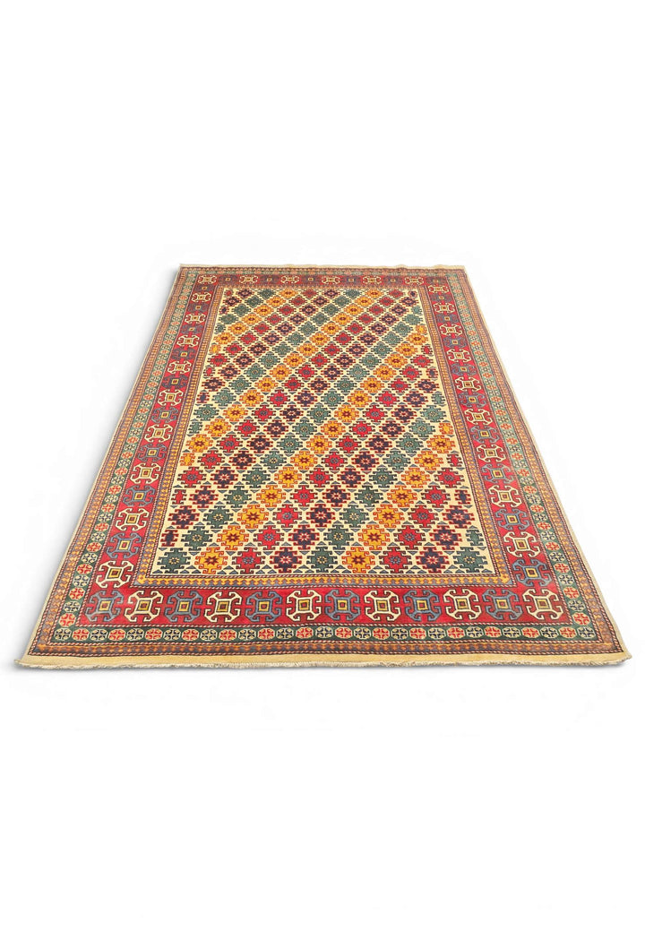 Hand-knotted wool pile of multicolour lattice rug, 161×221cm