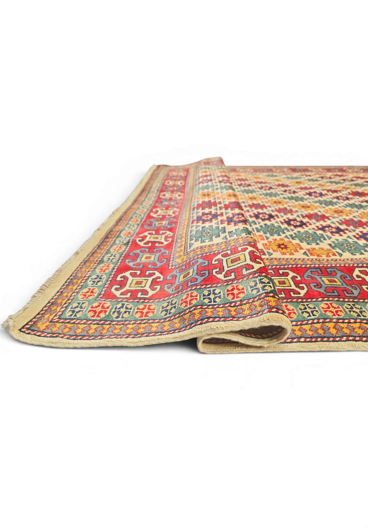Hand-knotted multicolour Afghan rug with diamond lattice field