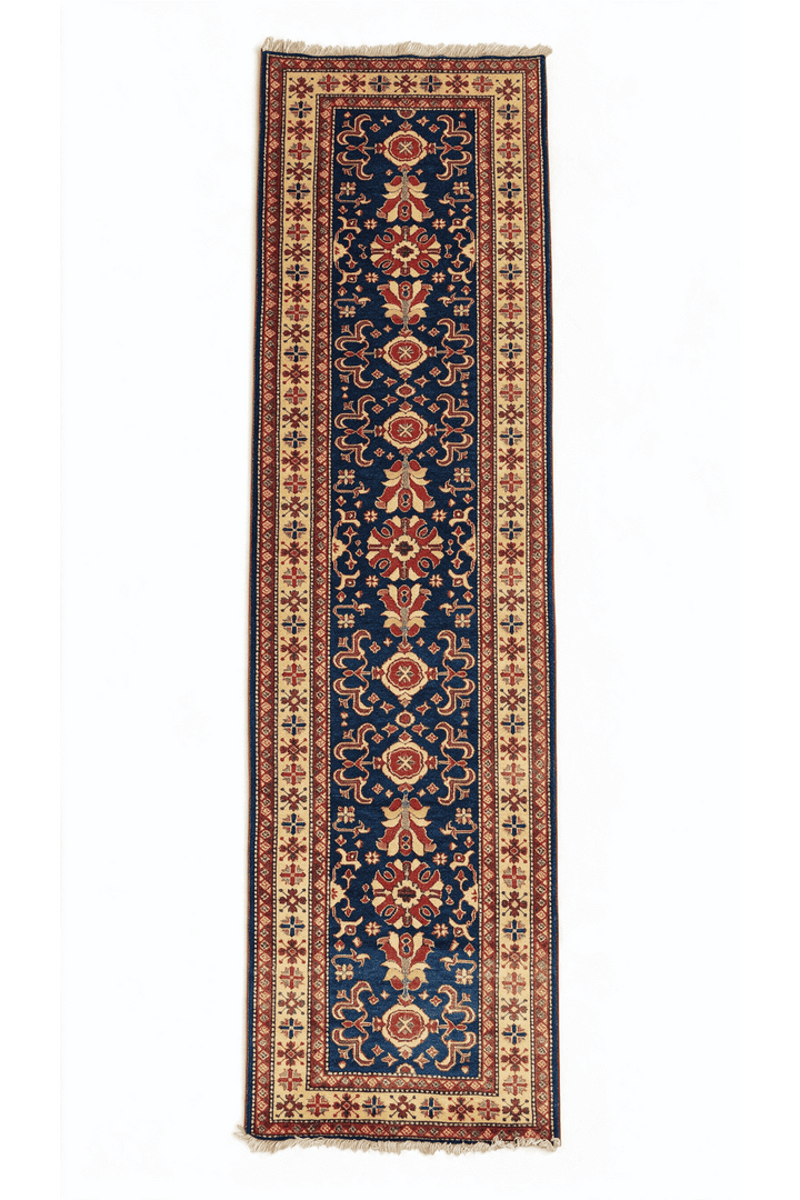 Navy and gold all-over floral Afghan Sherwan runner, 81×290cm