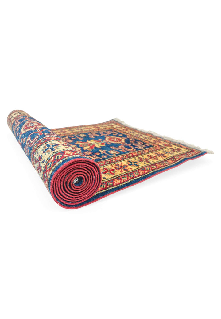 One-of-a-kind navy and gold Afghan Sherwan hand-knotted runner